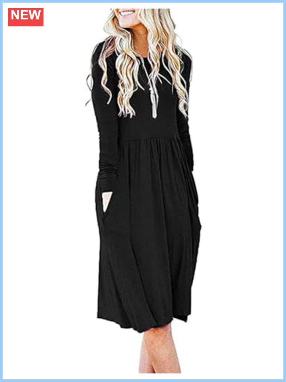 Long Sleeve Swing Dress with Pockets, Soft Stretchy Polyester Spandex, Casual